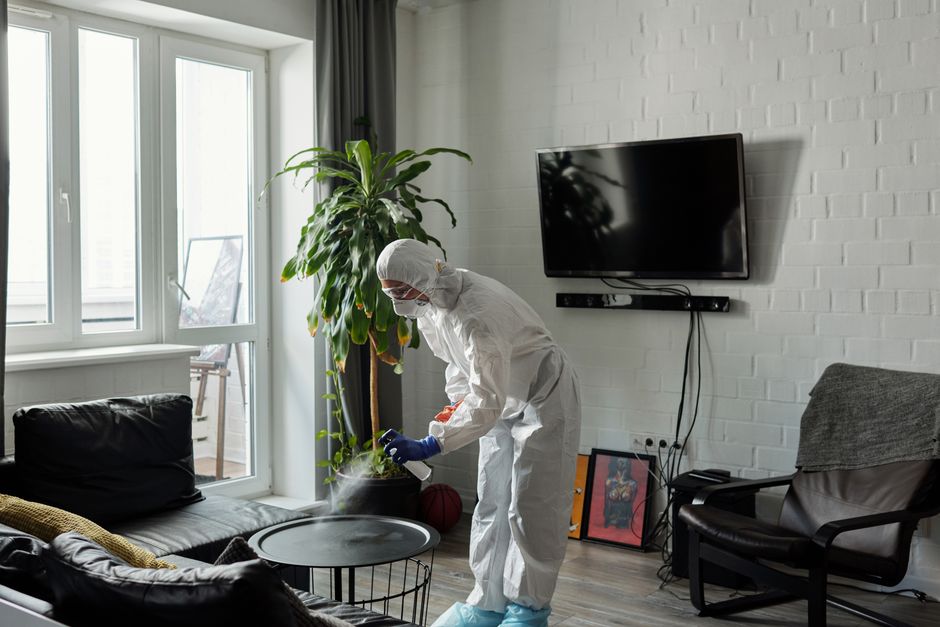 Technician in protective gear treating a living room